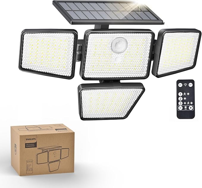 Philips Solar Security Light Outdoor, 196 LED Wall-Mounted Flood Light w/PIR Motion Sensor, 3 Modes, 4 Adjustable Heads Solar-Powered Floodlights with Remote Control, IP65 Waterproof