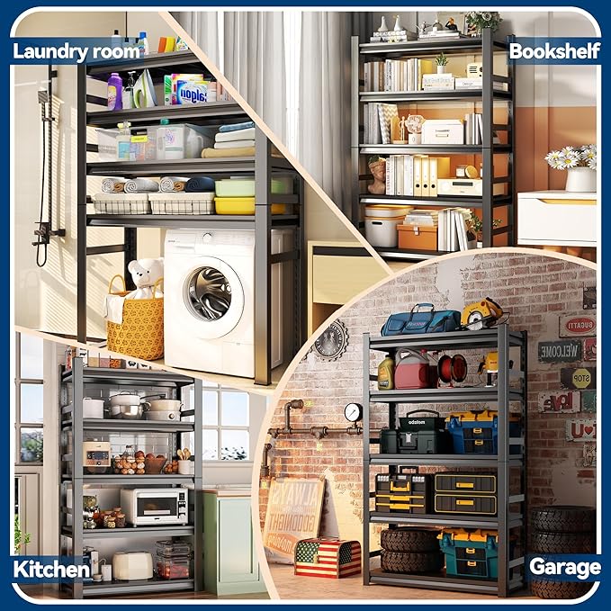 Garage Shelving, 2500LBS Garage Shelving Heavy Duty, Adjustable and Detachable Metal Storage Shelves with Fences, Easy Assembly, Shelves for Warehouse,Basement (35.4" W*15.7" D*72" H)