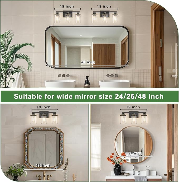 DORESshop 20 Inch Bathroom Light Fixtures, 3-Light Black with Gold Trim Over Mirror with Clear Glass Shade, Vanity Lights for Living Room Bedroom, ETL Listed