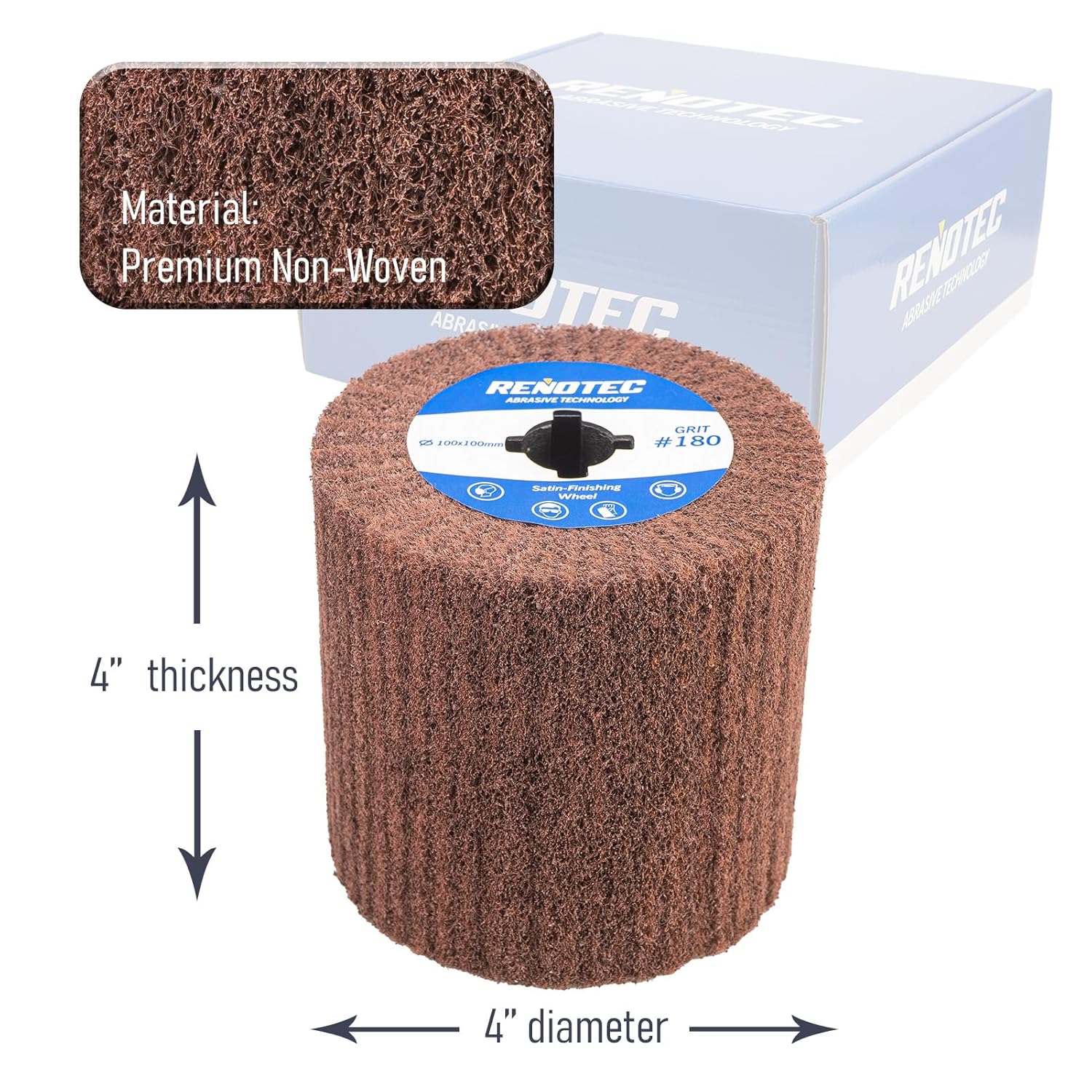 4" Burnishing Drum, 100x100mm, Fine Grit 180, A/O, for Metalwork Surface Polishing