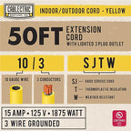 50 Ft Outdoor Extension Cord with 3 Power Outlets - 15 Amp 10/3 SJTW Heavy Duty Yellow 10 Gauge Lighted Electrical Cable with 3 Prong Grounded Plug