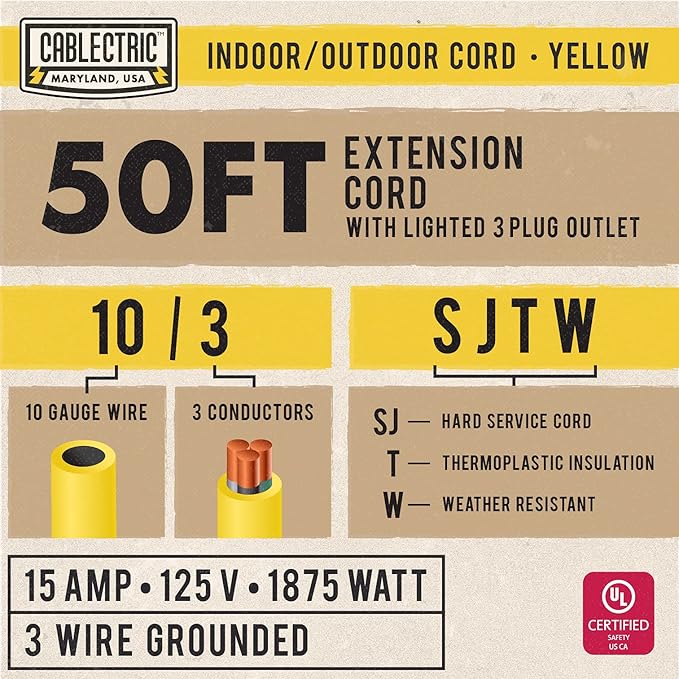 50 Ft Outdoor Extension Cord with 3 Power Outlets - 15 Amp 10/3 SJTW Heavy Duty Yellow 10 Gauge Lighted Electrical Cable with 3 Prong Grounded Plug