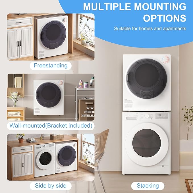 Elevon 800W Portable Clothes Dryer 2.6 cu.ft Drying Machine for Laundry with Stainless Steel Tub for Apartment, Rvs, Dorms, Compact Dryer for Small Space, Black/White