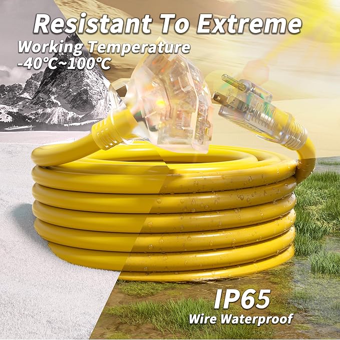 100 FT 12/3 Gauge Outdoor Extension Cord with Multiple Outlets Light Indicator, Flexible 3 Outlet Weatherproof Heavy Duty Extension Cord Waterproof Yellow, 15A 1875W 12AWG SJTW, ETL Listed