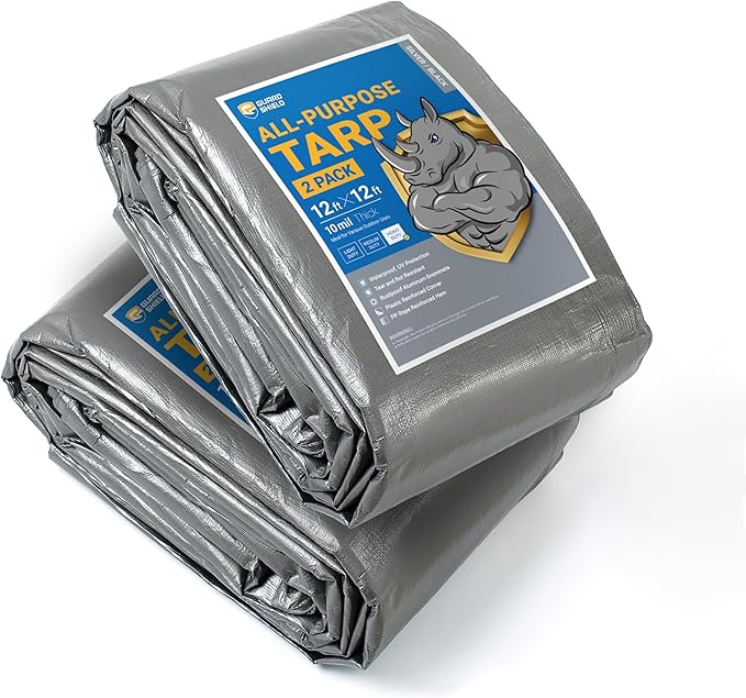 GUARD SHIELD Tarps Heavy Duty Waterproof 12x12 Feet Silver/Black Poly Tarp Cover Square Outdoor Thick UV Resistant Tarpaulin with Grommets 10mil (2-Pack)