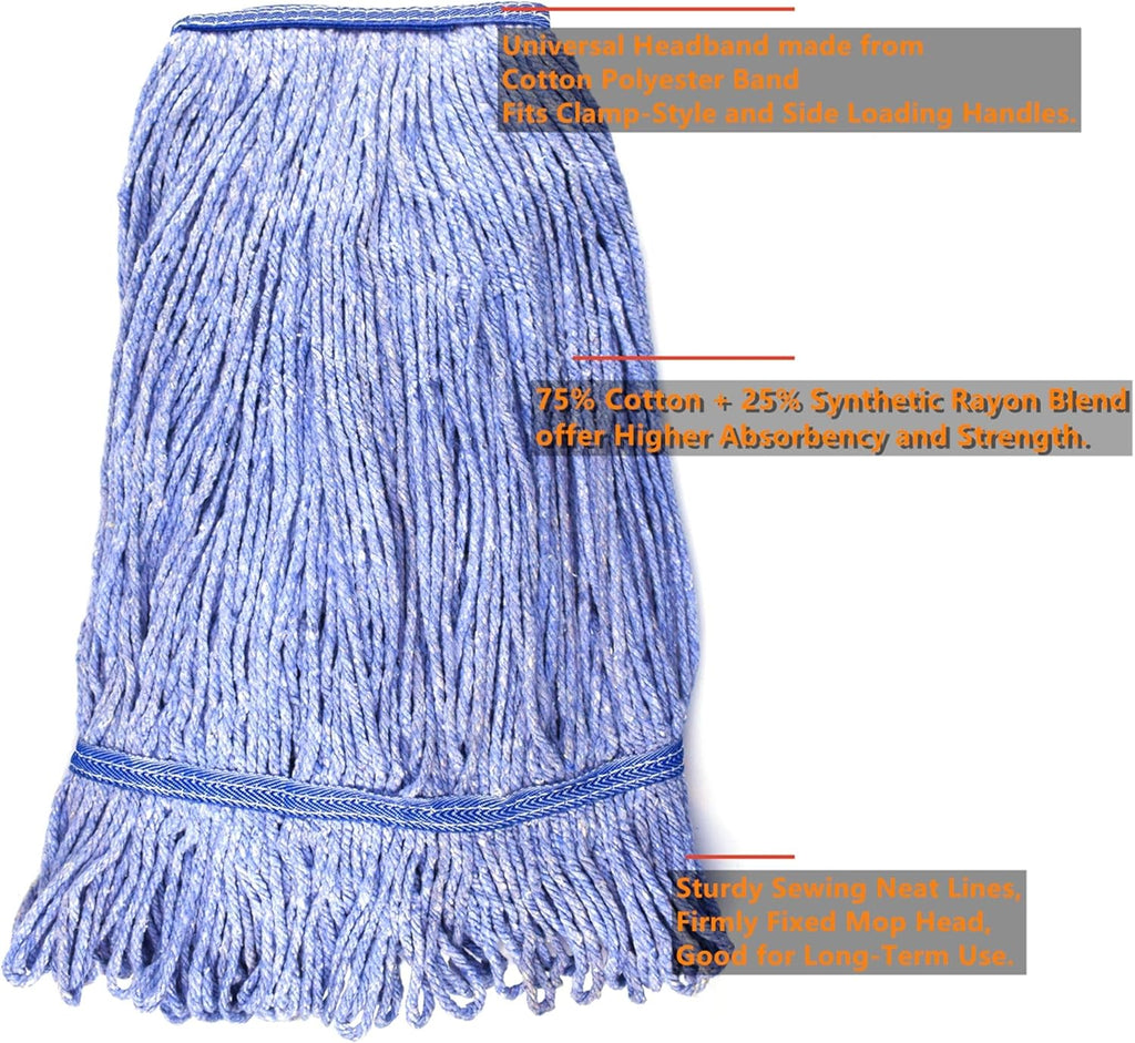 String Mop Heads Replacement Heavy Duty Commercial Grade Blue Cotton Looped End Wet Industrial Cleaning Mop Head Refills (1, Medium)