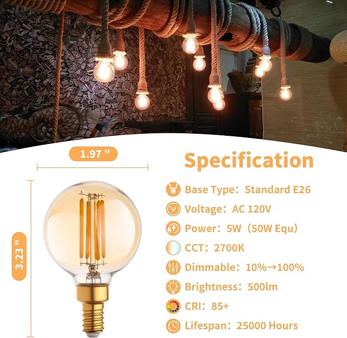 G16.5 Led Bulb, Small Round Edison Light Bulbs, Dimmable E12 Globe Amber Vanity Light Bulbs, 5w 2700k Vintage LED Filament Edison Bulb
