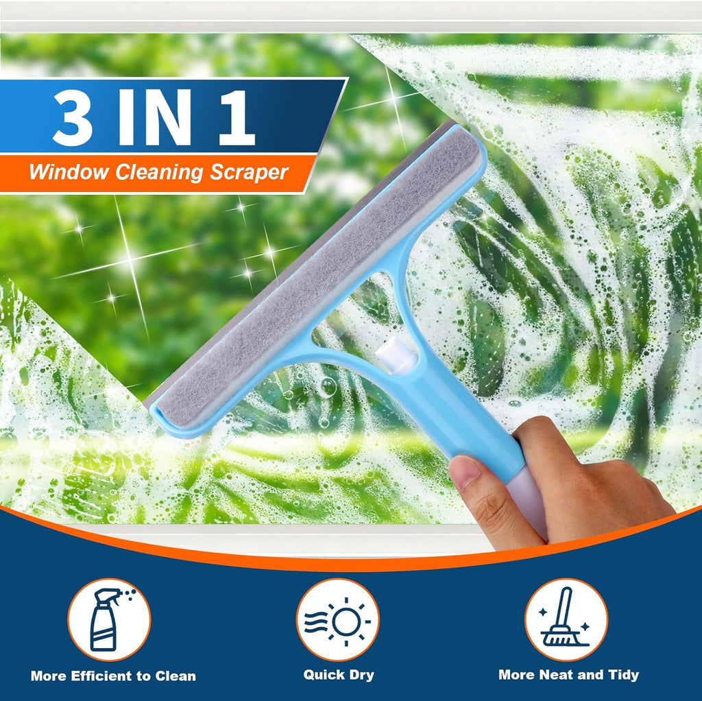 Juome 2PCS 3 in 1 Window Cleaning Scraper - Window Cleaner Squeegee with Sprayer, Squeegee for Window Cleaning Kit, Window Cleaning Tool with Cleaning Brush for Shower Glass, Mirrors, Home Window, Car
