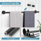 TQKAG Matte Black Bathroom Hardware Accessories Set 10-Pieces, Premium SUS304 Stainless Steel Bathroom Towel Bar Holder Set 23.6 Inch Round Towel Racks for Bathroom Wall Mounted