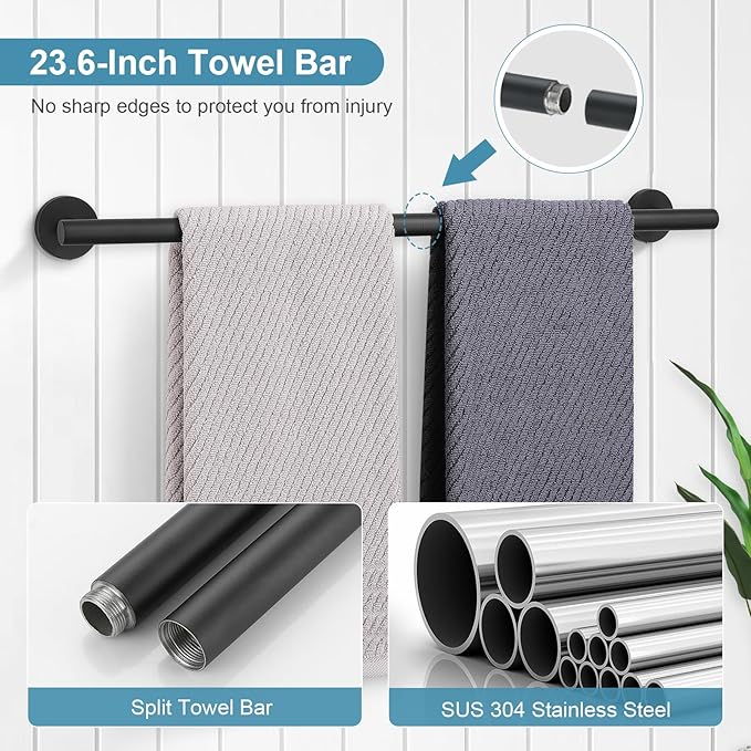 TQKAG Matte Black Bathroom Hardware Set 6-Piece Bathroom Accessory Set 23.6 Inch Round Stainless Steel Towel Bar Set Wall Mounted