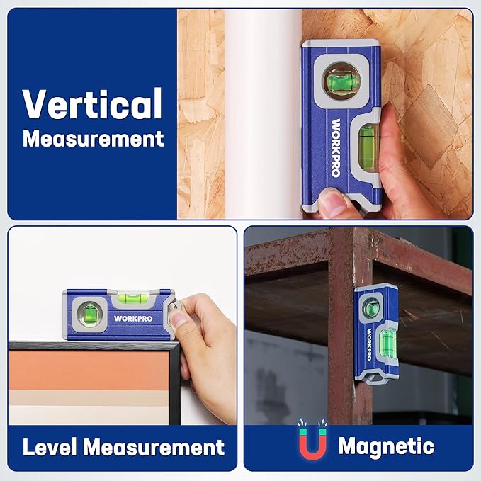 WORKPRO Small Level, 4-1/2 Inch Mini Level Tool, Magnetic Pocket Level with 2 Different Bubbles 90°/180°, Aluminum Alloy Construction, Cobalt Blue