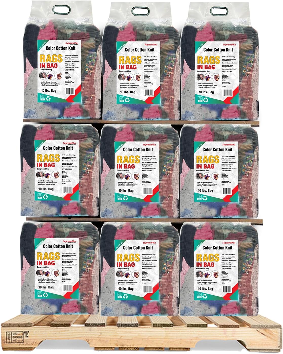 Recycled Color Knit Cleaning Rags (600 lbs. Pallet 60x10 lbs. Bags) – Shop Rags Bulk for Workshops, Mechanics, Painters, and Home Use, Multipurpose Cotton T-Shirt Rags