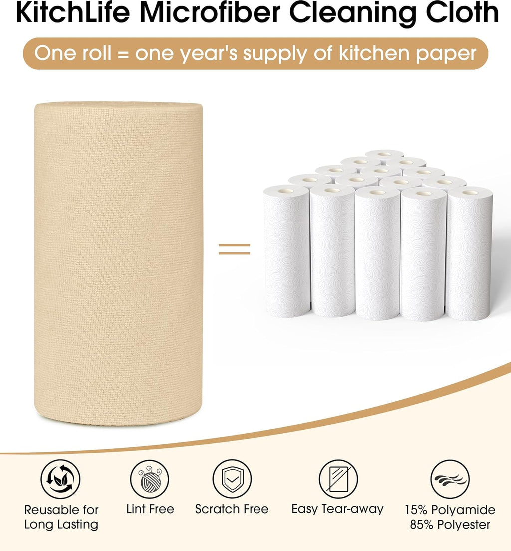 KitchLife Microfiber Cleaning Cloth Roll, 100 Pack - Tear-Away Microfiber Paper Towels, Lint-Free, Reusable, Washable for Kitchen, Car, Dishes, and Sensitive Surfaces (Wheat)