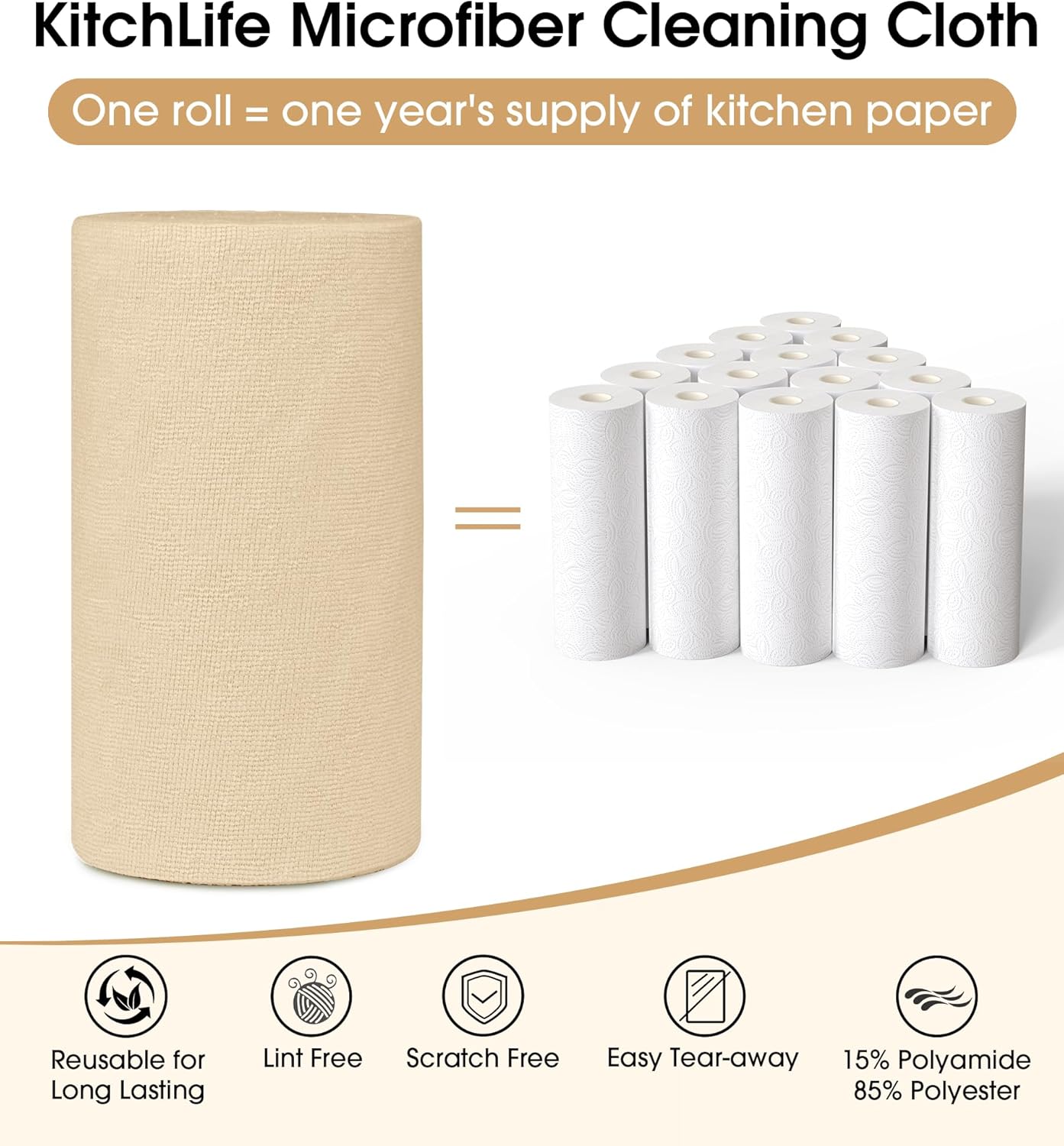 KitchLife Microfiber Cleaning Cloth Roll, 100 Pack - Tear-Away Microfiber Paper Towels, Lint-Free, Reusable, Washable for Kitchen, Car, Dishes, and Sensitive Surfaces (Wheat)