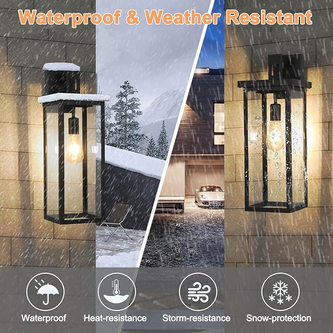 tewei 2 Pack Dusk to Dawn Large Outdoor Wall Lantern, 20 Inch Black Exterior Wall Light Fixtures, Large Porch Light with Clear Shade Sensor Modern Outdoor Sconce Lights for House Garage, E26 Base