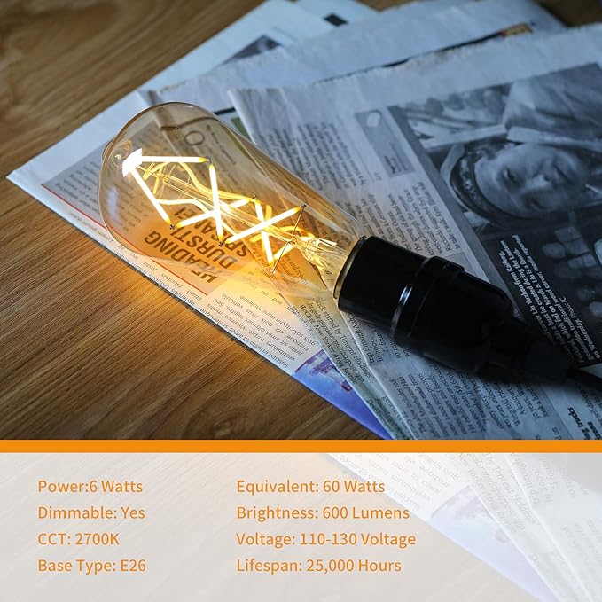 OMED LED Edison Bulb Dimmable Amber Glass, 60 Watt Equivalent LED Light Bulbs Soft White, ST64 E26 Bulb 60W 2700K, Vintage Spiral Filament LED Bulbs with Teardrop Top, 600LM,UL Listed, 2 Pack