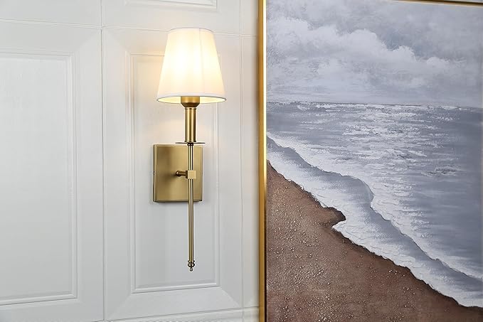 PERMO Single Classic Rustic Industrial Wall Sconce Lighting Fixture with Flared White Textile Lamp Shade and Antique Brass Tapered Column Stand, Hardwired, E26 Base