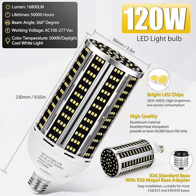 120W 2 pack LED Corn Light Bulb(1200W Equivalent ) ,Commercial Grade DayLight 5000K E26/E39 15900LM Medium Mogul Base LED Lamp,Large Area Lights For Outdoor Indoor Garage Warehouse Factory Bay Light
