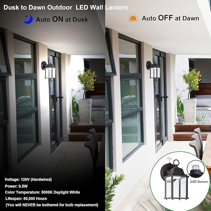 LIT-PaTH Dusk to Dawn Outdoor Wall Lantern, LED Wall Sconce, 5000K Daylight White, 9.5W, 800 Lumen, Aluminum Housing Plus Glass, Outdoor Rated, 2-Pack, Black