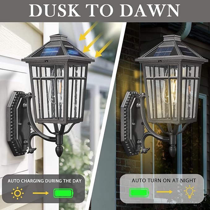 Darkaway Solar Outdoor Wall Lights, Dusk to Dawn Outside Wall Sconce Lighting with Remote, Black Exterior Light Fixture for House Porch Yard Hallway Doorway Garage