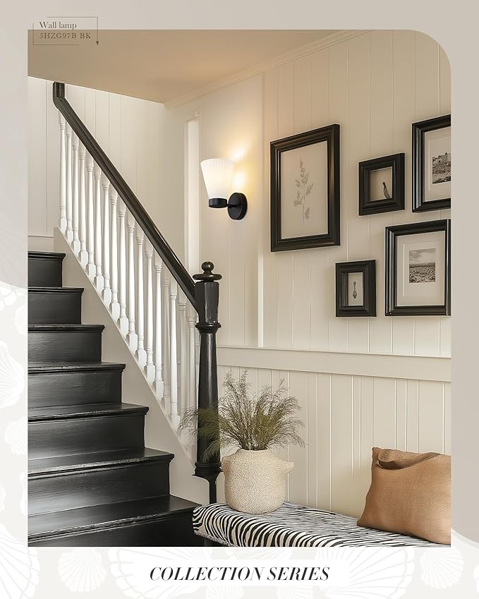 Bathroom Wall Sconce Set of Two, HWH Wall Vanity Light with Frosted White Striped Shade, Industrial Wall Lamp Matte Black for Bathroom Doorway, 5HZG97B-2PK BK