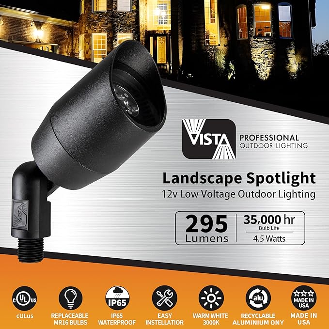 VISTA 4 Pack Cast Aluminum Landscape Spotlights, Low Voltage Landscape Lighting Spot Lights Outdoor with 4.5W MR16 LED Bulb for Yard, Garden, Lawn, Tree