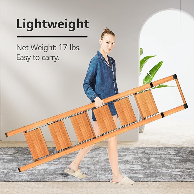 GameGem 6 Step Ladder for 12ft High Ceiling, Lightweight Aluminum Folding Step Stool with Convenient Handgrip, Stepladders with Anti-Slip and Wide Pedal for Home and Kitchen Use - Woodgrain (300 lbs)