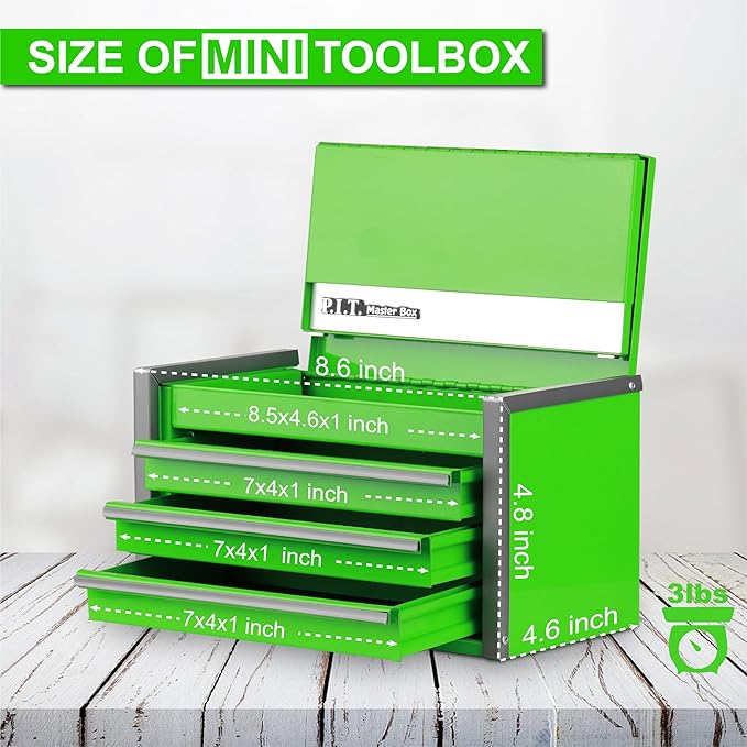 P.I.T. Mini Green Tool Box, Portable 3 Drawer Steel Stackable Tool Box with Magnetic Tab Locking, Green Micro Top Chest with Liner for Tools Storage and Organizers, Home DIY