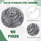 Yinkin 100 Pieces Stainless Steel Scrubber Bulk Steel Wool Scrubber Metal Sponge Wire Scouring Pad Heavy Duty Clean Dish Pot Pan and Oven for Kitchen, Bathrooms, and More
