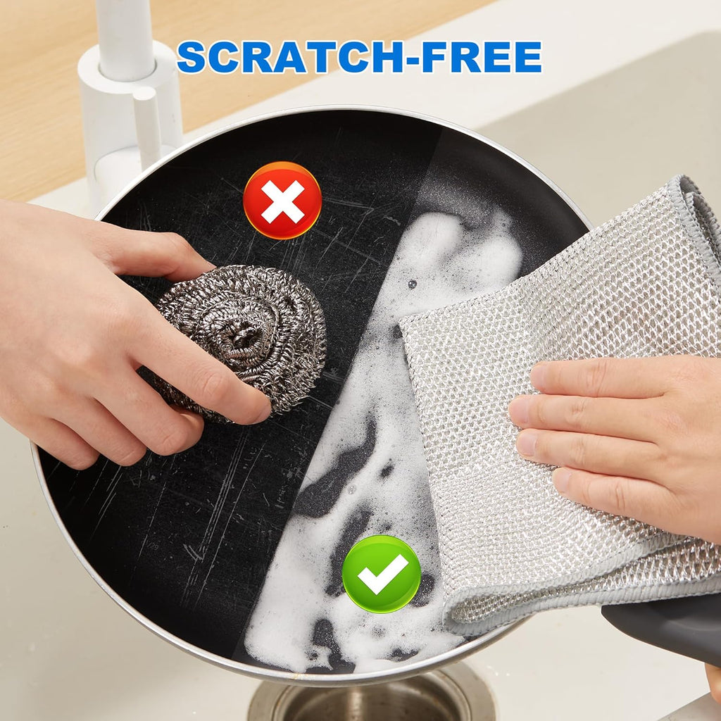 JOYMOOP Dual-Sided Silver Microfiber Cleaning Cloth, Reusable Non-Scratch Dishwashing Rag, Multipurpose Scrubbing Pads for Kitchen, Glass, Stainless Steel