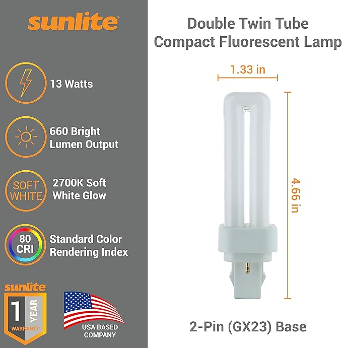 Sunlite 40538 PLD13/SP27K/10PK Double Twin Tube Compact Fluorescent Lamp, PLD 2-Pin, 13 Watts, 660 Lumens, 2700K Soft White, 2-Pin (GX23-2) Base, 10 Pack