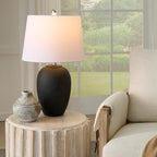 Nourison Home 23" Black Vintage Distressed Ceramic Pot Table Lamp for Bedroom, Living Room, End Table, with White Tapered Drum Shade
