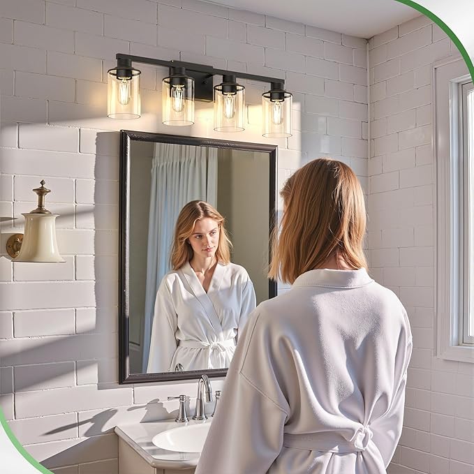 DORESshop 4-Light Vanity Light Fixtures, Black with Gold Trim Bathroom Light Fixtures Over Mirror with Clear Glass Shade, Modern Vanity Lights for Living Room Bedroom