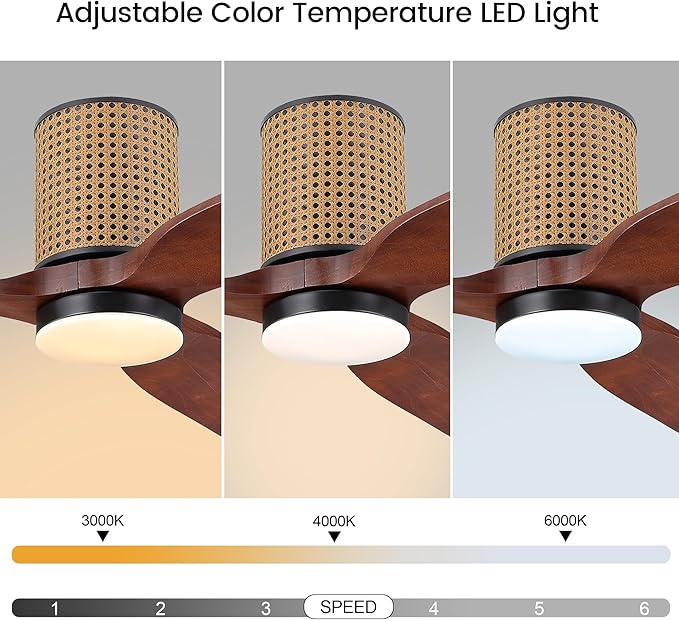 52" Ceiling Fan with Light - Low Profile Flush Mount Ceiling Fan, 6-Speed Remote Control, Solid Wood, Quiet Reversible DC Motor,Walnut/Black Finish, for Bedroom, Living Room, Porch