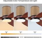 52" Ceiling Fan with Light - Low Profile Flush Mount Ceiling Fan, 6-Speed Remote Control, Solid Wood, Quiet Reversible DC Motor,Walnut/Black Finish, for Bedroom, Living Room, Porch