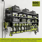 12 Cordless Drill Holder Large Power Tool Organizer Wall Mount with Side Pegboard & Screwdriver Holder, 4-Tier Heavy Duty Metal Tool Storage Rack with 4-Outlet Power Strip