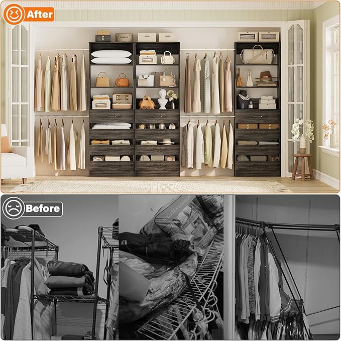 Aheaplus Closet System with 12 Drawers, 8.5-11.5Ft Wood Closet Organizer System with 4 Hang Rods & 3 Towers, 4Ft & 6Ft L-Shaped Walk-in Closets Wardrobe Organizer Clothes Rack, Set of 3, Black Oak1