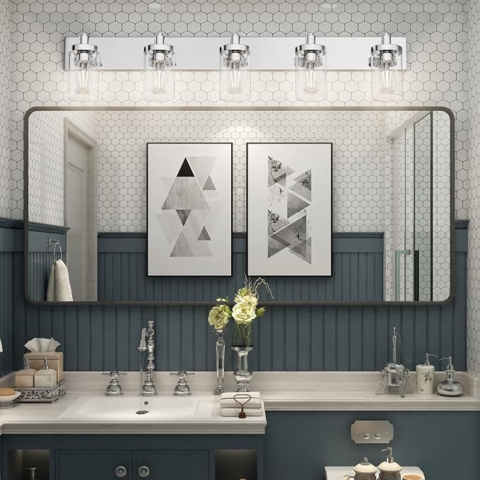 Aipsun Chrome Bathroom Light Fixtures 5 Light Vanity Wall Light with Clear Glass Shade