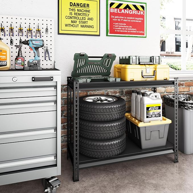 40" W Garage Shelving Heavy Duty, 900 Lbs Loads Garage Storage Shelves Heavy Duty, 2-Tier Metal Shelving Units and Storage for Basement, Retiple Tanks,40" Wx18 Dx36 H, Black