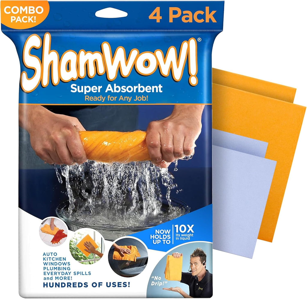 ShamWow Original Super Absorbent Multi-Purpose Cleaning Shammy Chamois Towel Cloth - Holds 10X its Weight in Liquid - Machine Washable - Will Not Scratch (4 Pack, Orange)