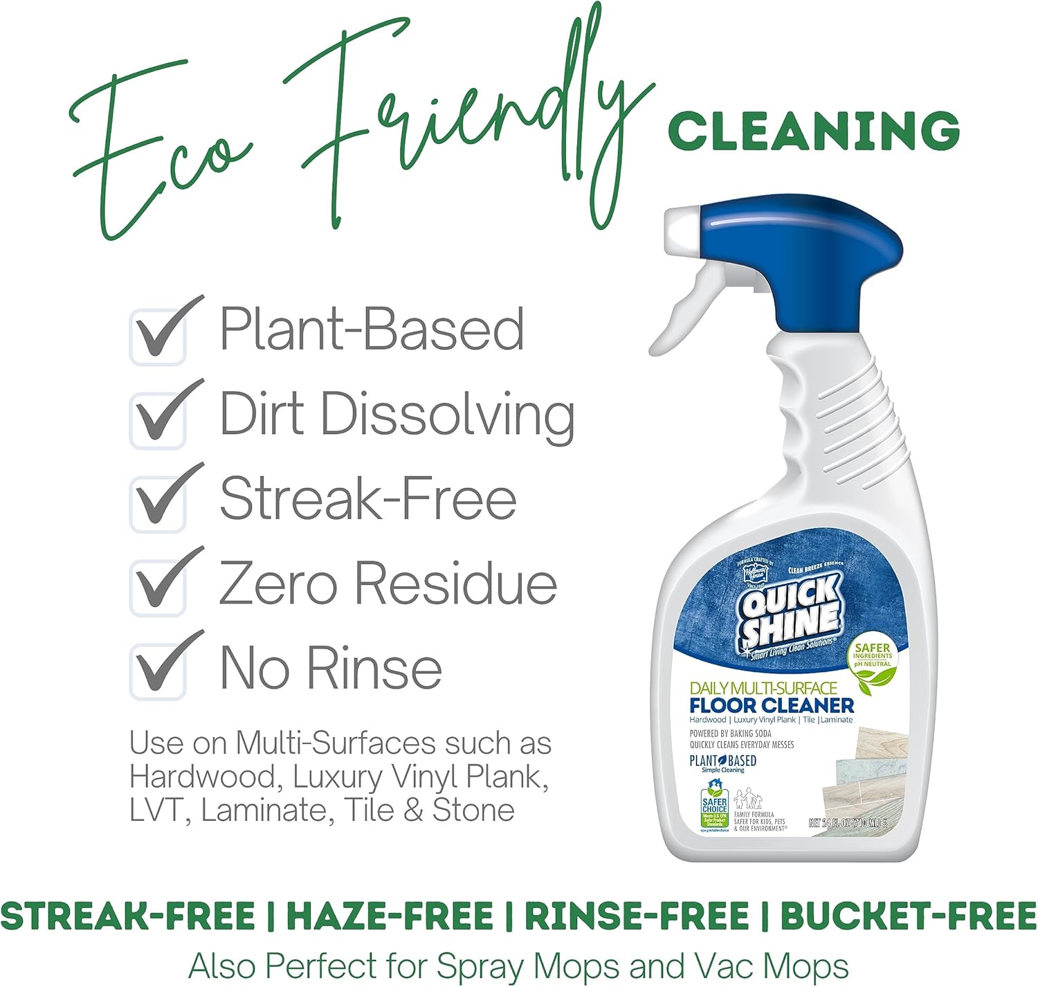 Quick Shine Multi Surface Floor Cleaner Daily Care 24oz | Plant-Based, Ready to Use, Dirt Dissolving, Streak Free, No Rinse | Use on Hardwood, Laminate, Luxury Vinyl Plank, Tile & Stone | Safer Choice