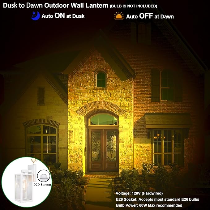 GRUENLICH Dusk to Dawn Large Outdoor Wall Lantern, Wall Sconce as Porch Lighting Fixture, E26 Base Max 60W, Metal Housing with Glass Shade (White, 1-Pack)