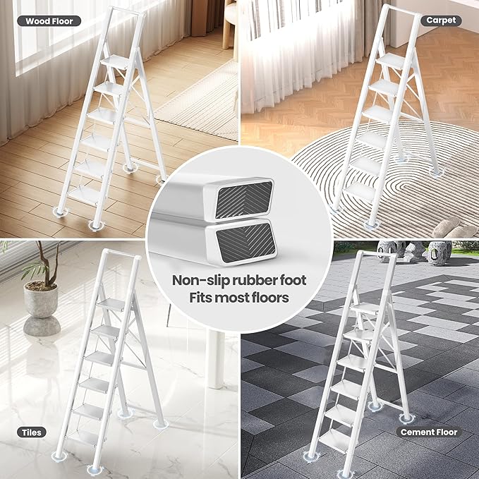 6 Step Ladder, Folding Step Stool with Handgrip and Anti-Slip Wide Pedal, Portable Lightweight Aluminum Stepladder for Kitchen, Home, Library, Office (300 lbs Capacity) - White