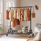 Raybee Heavy Duty Clothes Rack, Clothing Racks for Hanging Heavy Clothes 200+, Rolling Clothing Rack Load 485 LBS, Extendable & Adjustable Portable Commercial Garment Rack with Wheels, Black