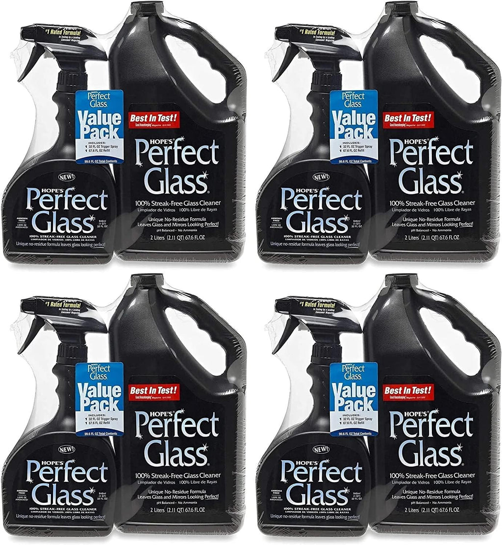 HOPE'S Perfect Glass Cleaner, Streak-Free, Ammonia-Free Window, Mirror, Screen, and Shower Door Cleaner, Indoor and Outdoor Glass Surfaces, 32 Fl Oz Spray Bottle and 67.6 Fl Oz Refill, Pack of 4