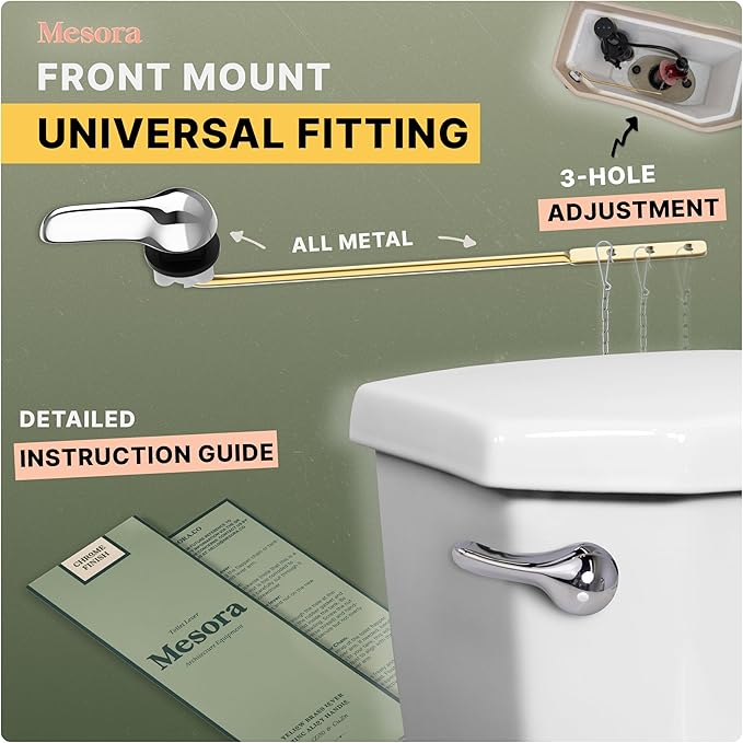 Mesora Universal Metal Front Mount Toilet Handle Replacement Kit with Flapper Chain, Pure Brass and Aluminum, Compatible with Most Toilets - Chrome