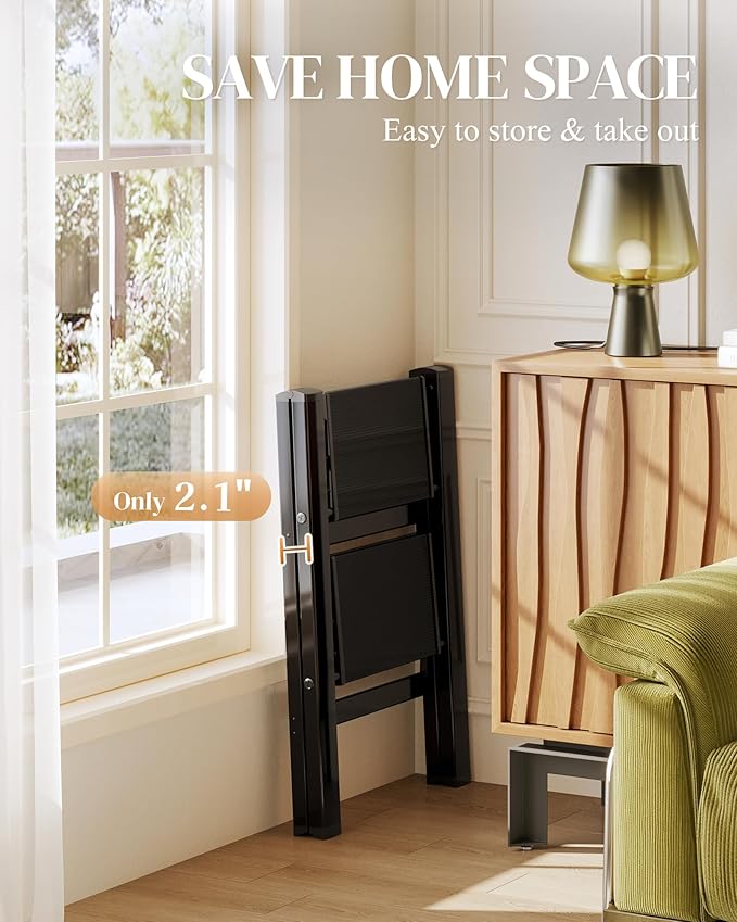 GameGem 2 Step Ladder, Folding Step Stool with Wider Pedal, Anti-Slip Feet & Non Slip Stripes, Aluminum Sturdy Material, 300Lbs Capacity, Elegant Look of Piano Black Better Matches Your Home