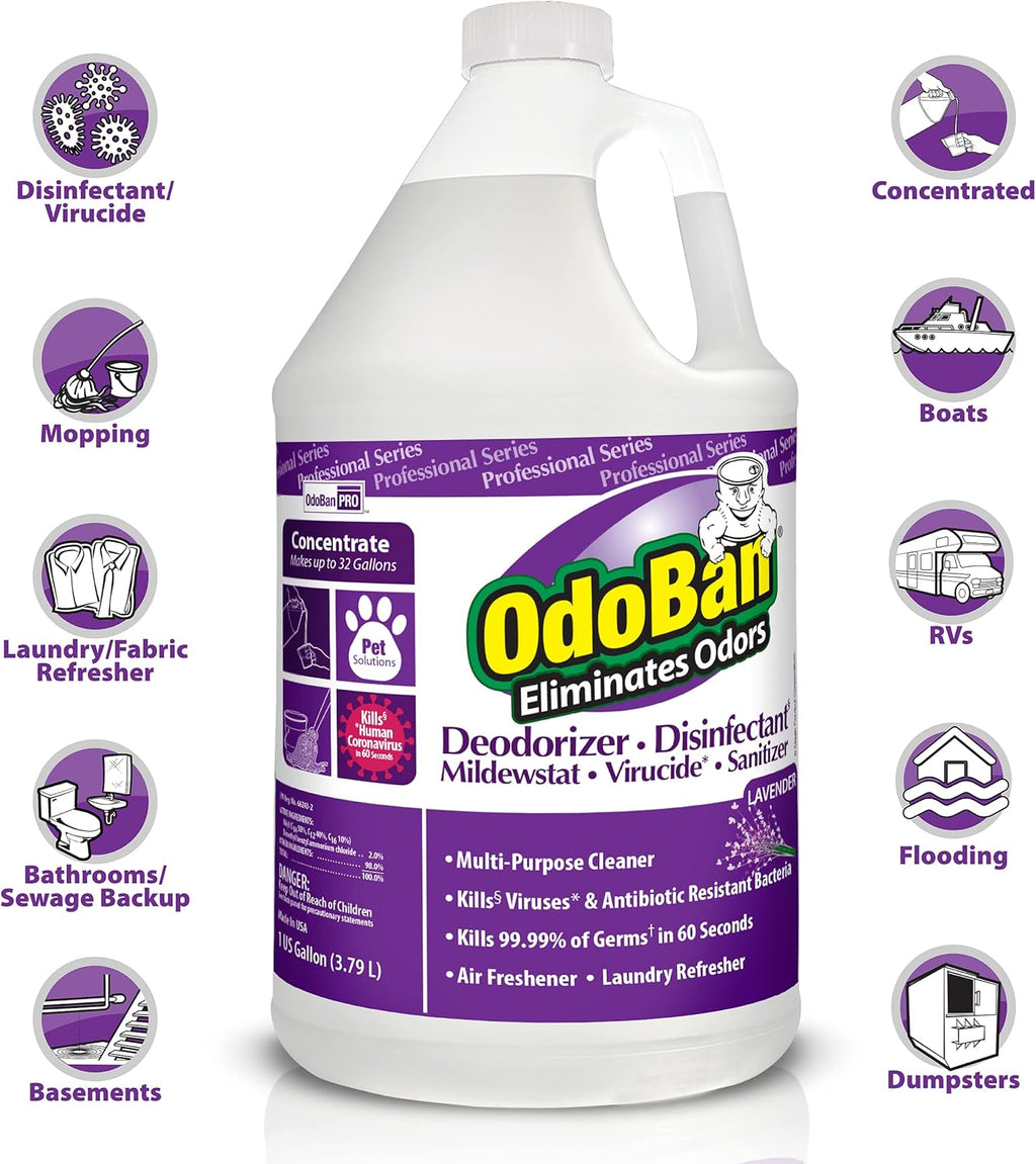 OdoBan Professional Disinfectant and Odor Eliminator Concentrate, Made in the USA, Lavender Scent, 2-Pack, 1 Gallon Each