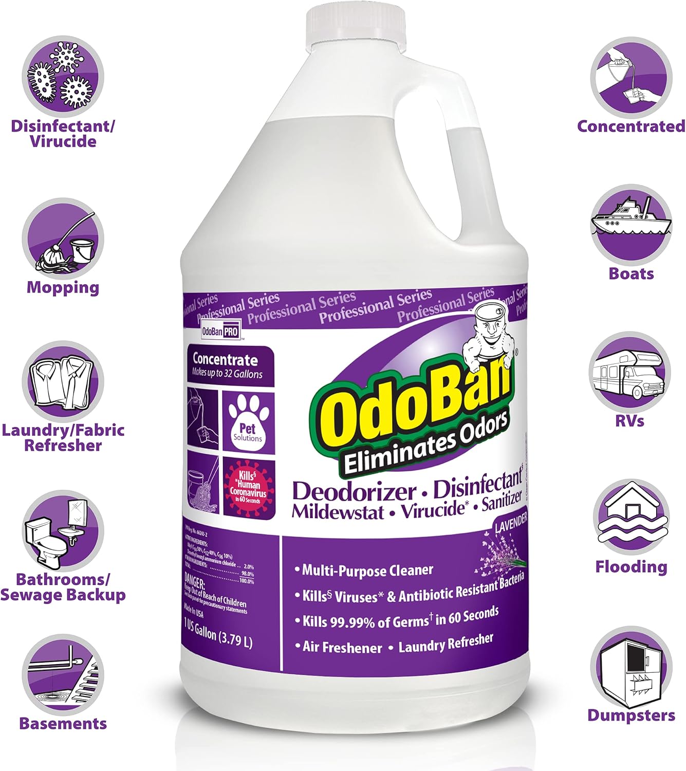 OdoBan Professional Disinfectant and Odor Eliminator Concentrate, 3-Pack, 1 Gallon Each, Lavender Scent
