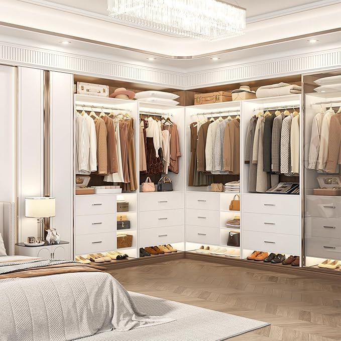 Aheaplus Closet System with 6 Drawers, 4.5ft Wood Closet Organizer System, Walk-in Closet or Small Closets Wardrobe, Clothes Rack with Hanging Rods, Set of 2, White